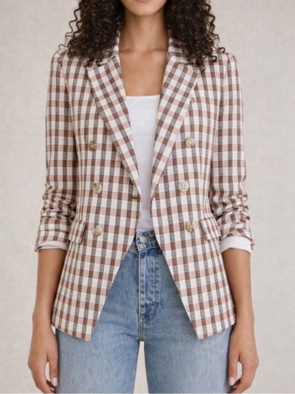 Joie Plaid Double-Breasted Blazer in Brown and Cream